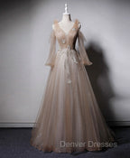 Champagne V Neck Tulle Lace Long Prom Dress, Champagne Formal Evening Dress