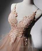 Champagne V Neck Tulle Lace Long Prom Dress, Champagne Graduation Dress