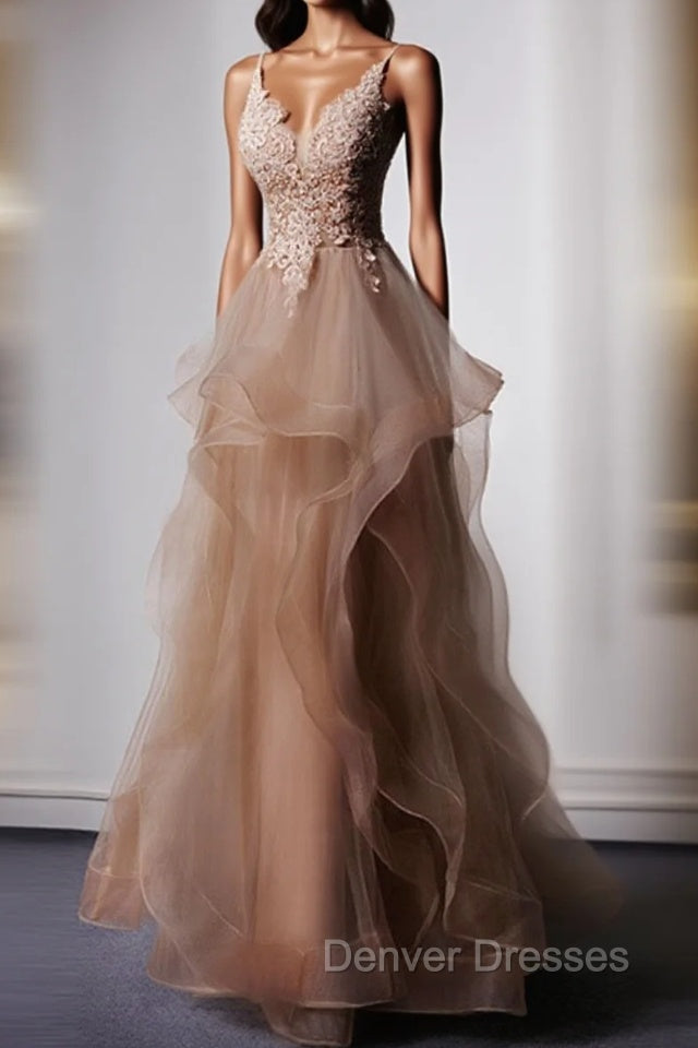 Champagne V Neck Tulle Lace Long Prom Dress, Champagne Graduation Dress