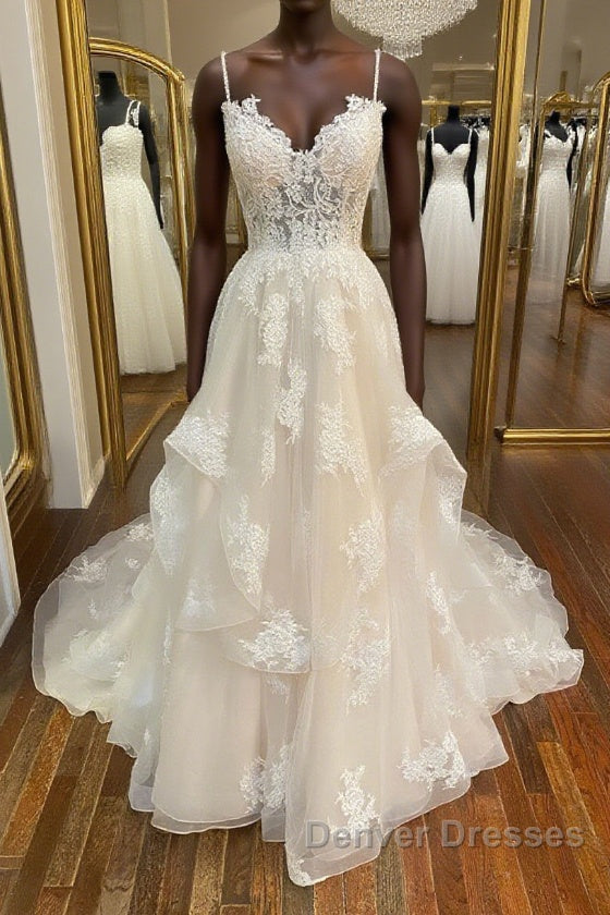 Champagne v neck tulle lace long prom Dress, champagne lace evening Dress