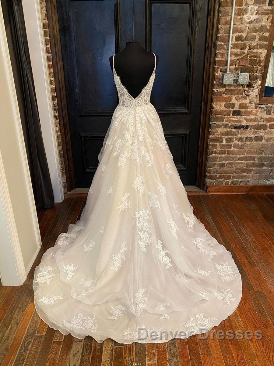 Champagne v neck tulle lace long prom Dress, champagne lace evening Dress