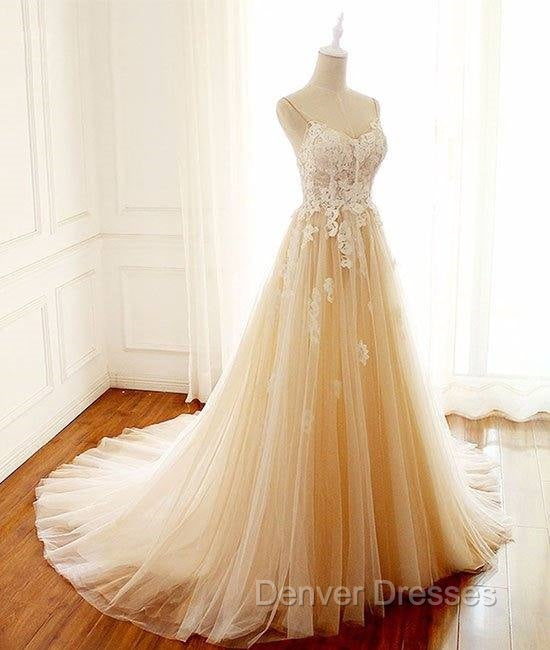 Champagne V Neck Tulle Lace Long Prom Dress, Champagne Tulle Evening Dress Secondary image