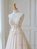 Champagne V Neck Tulle Lace Long Prom Dress Evening Dress A Line Sleeveless Formal Dress