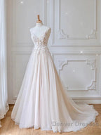 Champagne V Neck Tulle Lace Long Prom Dress Evening Dress A Line Sleeveless Formal Dress