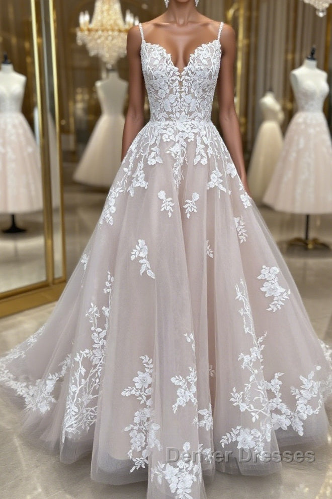 Champagne v neck tulle lace long prom Dress lace tulle formal Dress Main image