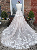 Champagne v neck tulle lace long prom Dress lace tulle formal Dress