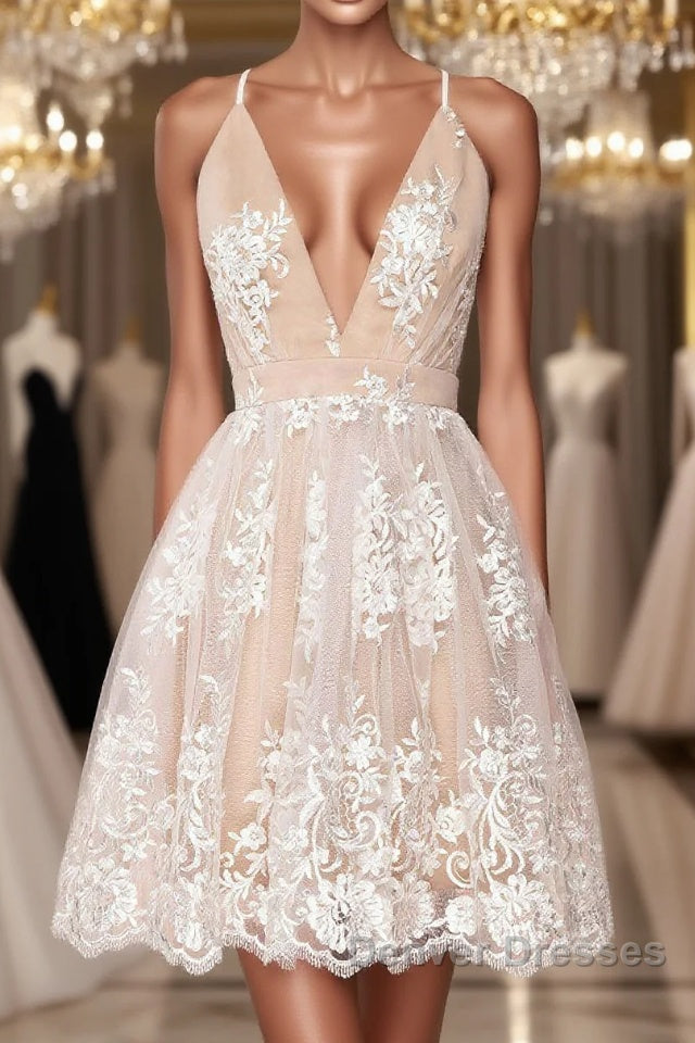 Champagne v neck tulle lace short prom Dress champagne tulle bridesmaid Dress Main image