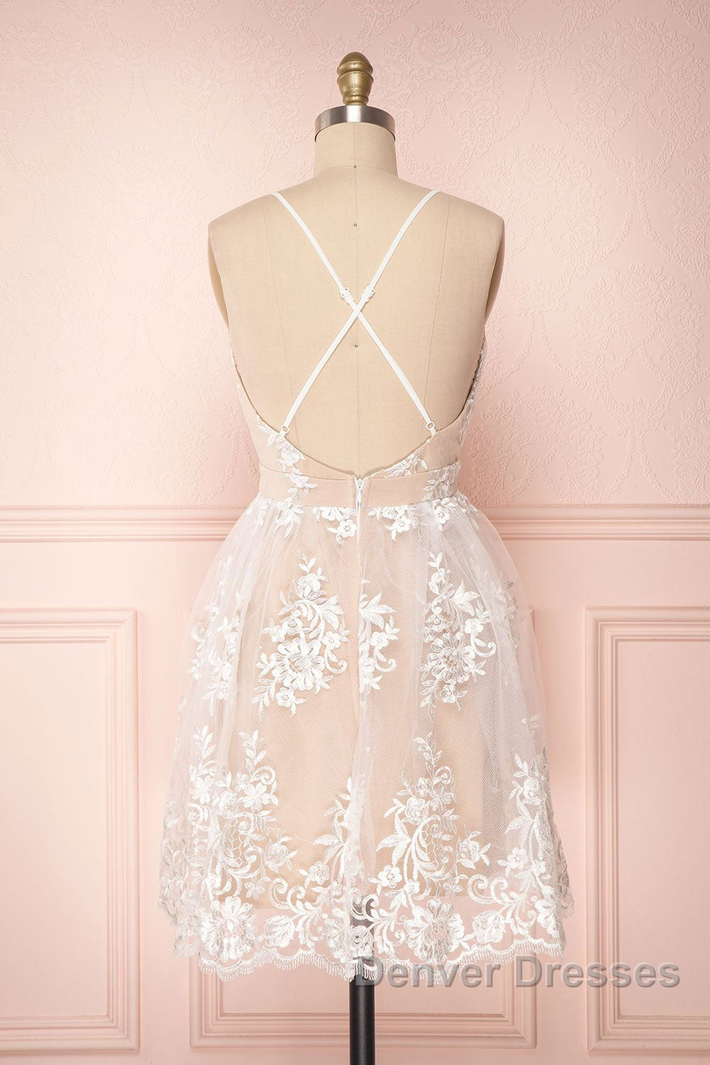 Champagne v neck tulle lace short prom Dress champagne tulle bridesmaid Dress