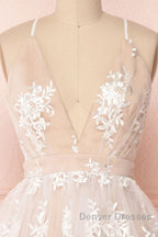 Champagne v neck tulle lace short prom Dress champagne tulle bridesmaid Dress