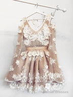 Champagne V Neck Tulle Lace Short Prom Dress Lace Bridesmaid Dress