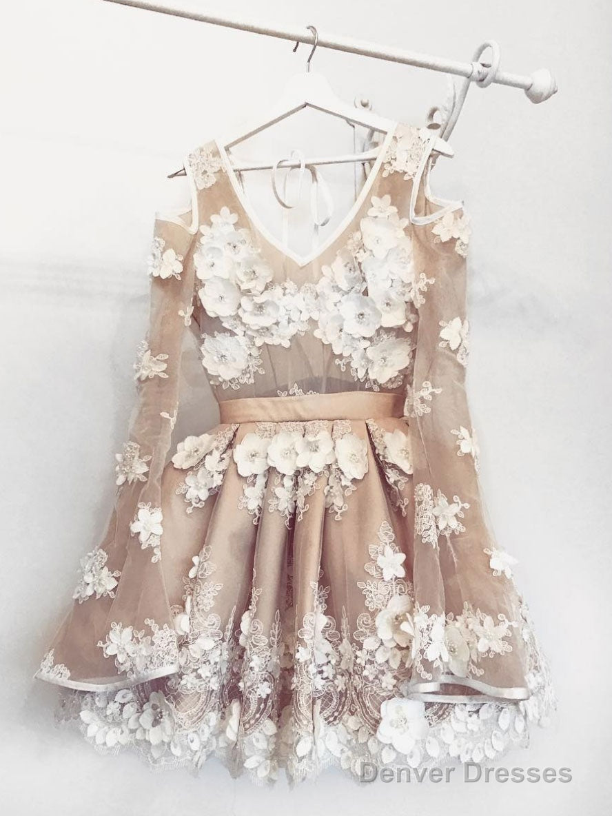 Champagne V Neck Tulle Lace Short Prom Dress Lace Bridesmaid Dress