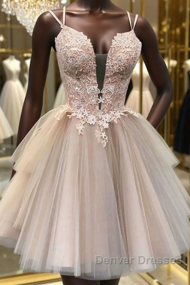Champagne v neck tulle lace short prom Dress lace homecoming Dress Main image