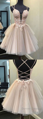 Champagne v neck tulle lace short prom Dress lace homecoming Dress