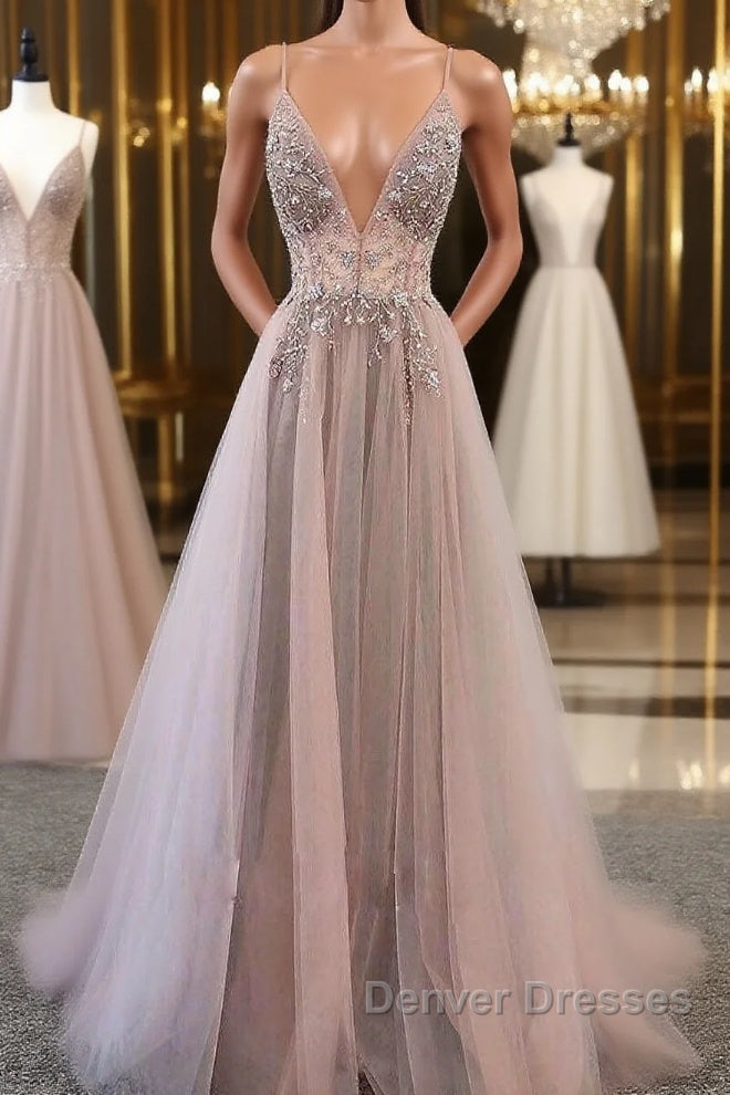 Champagne v neck tulle long prom Dress, champagne evening Dress Main image