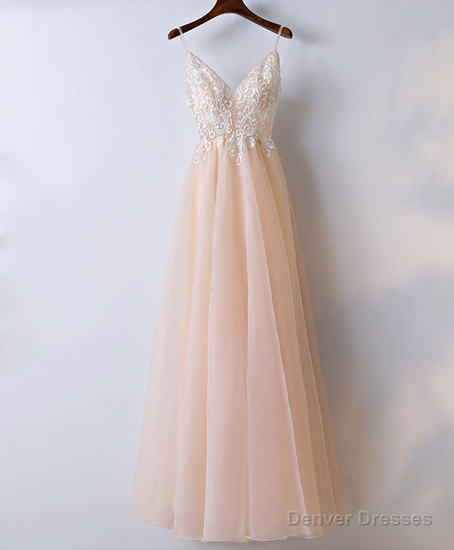 Champagne V Neck Tulle Long Prom Dress, Lace Evening Dress