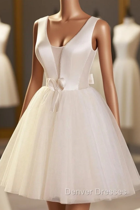 Champagne V-Neck Tulle Short Prom Dress, Champagne Homecoming Dress