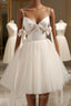 Champagne V-Neck Tulle Short Prom Dress, Spaghetti Straps Party Dress with Bow
