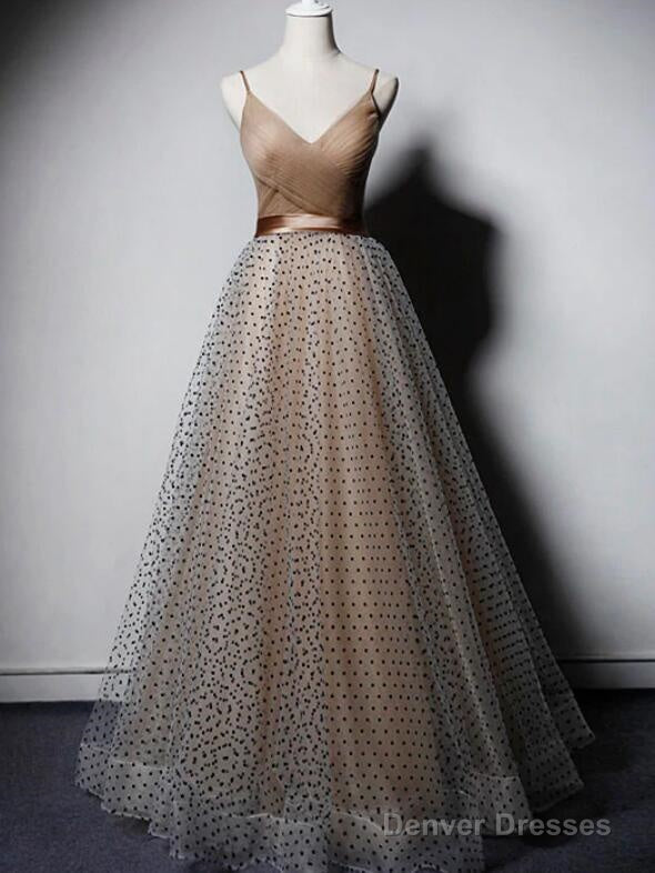 Champagne V-Neckline Straps Long Party Dress Prom Dress, A-Line Tulle Evening Dresses