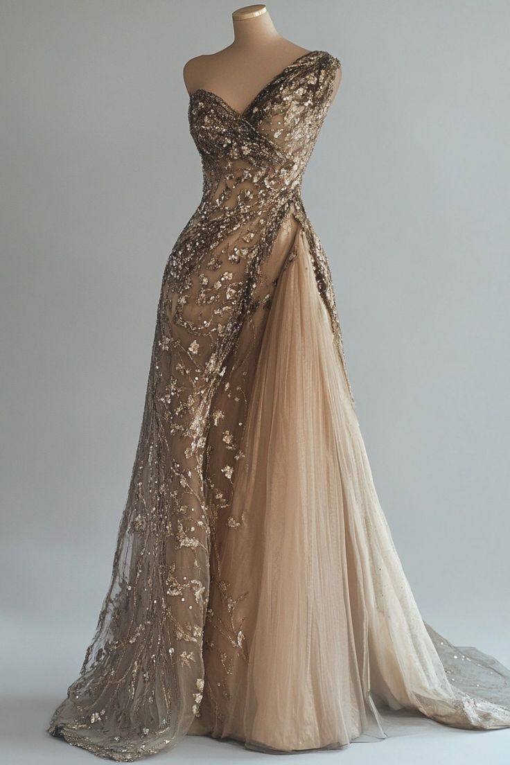 Champagne Vintage A-Line One-Shoulder Sequined Tulle Long Prom Dress Main image