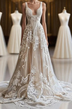 Champagne Vintage A-Line Spaghetti Strap Lace Tulle Long Prom Dress Wedding Dress