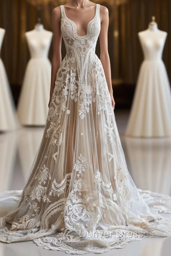 Champagne Vintage A-Line Spaghetti Strap Lace Tulle Long Prom Dress Wedding Dress