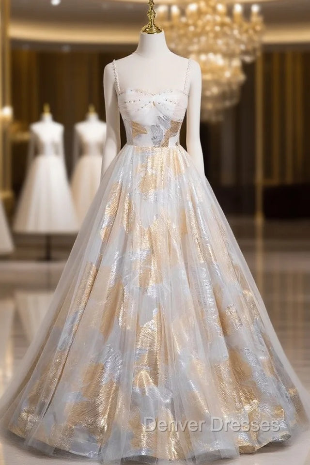 Champagne White Spaghetti Straps Beading Prom Dress Main image