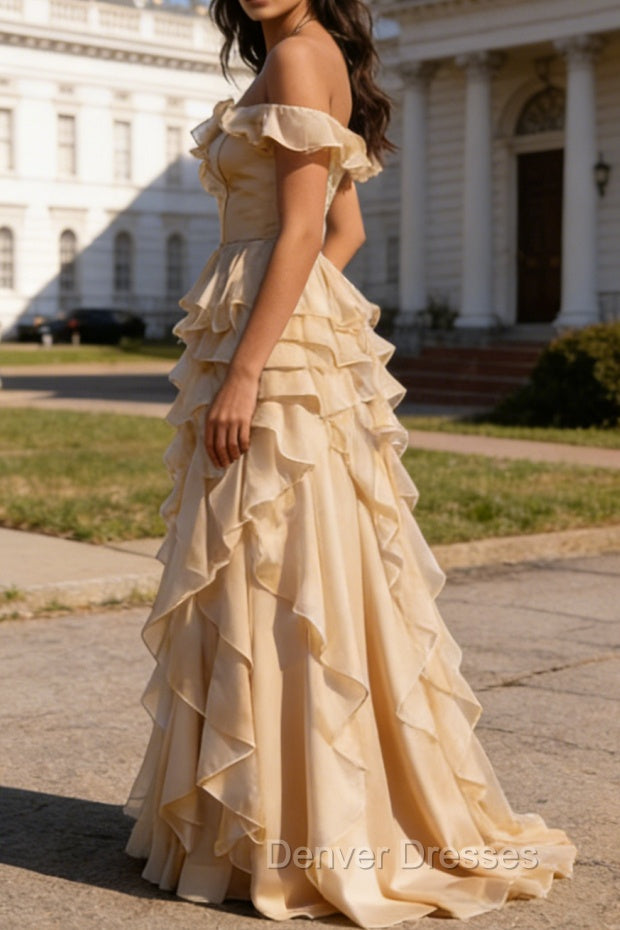 Champagne Ruffled A-Line Square Neck Long Prom Dress