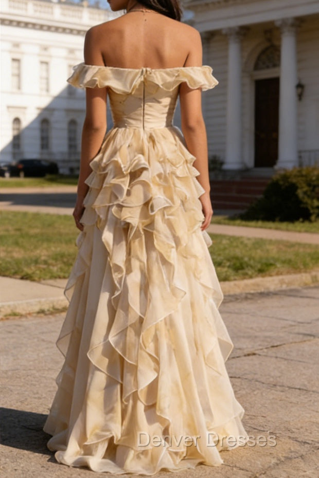 Champagne Ruffled A-Line Square Neck Long Prom Dress