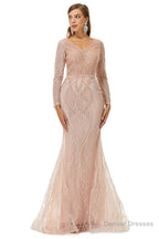 Neckline Long Sleeve Mermaid Lace Pattern Tulle Beading Prom Dresses