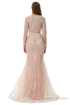 Neckline Long Sleeve Mermaid Lace Pattern Tulle Beading Prom Dresses