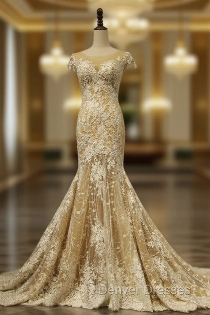 Champange Tulle Mermaid Sequins Lace Appliques Cap Sleeve Wedding Dress Main image