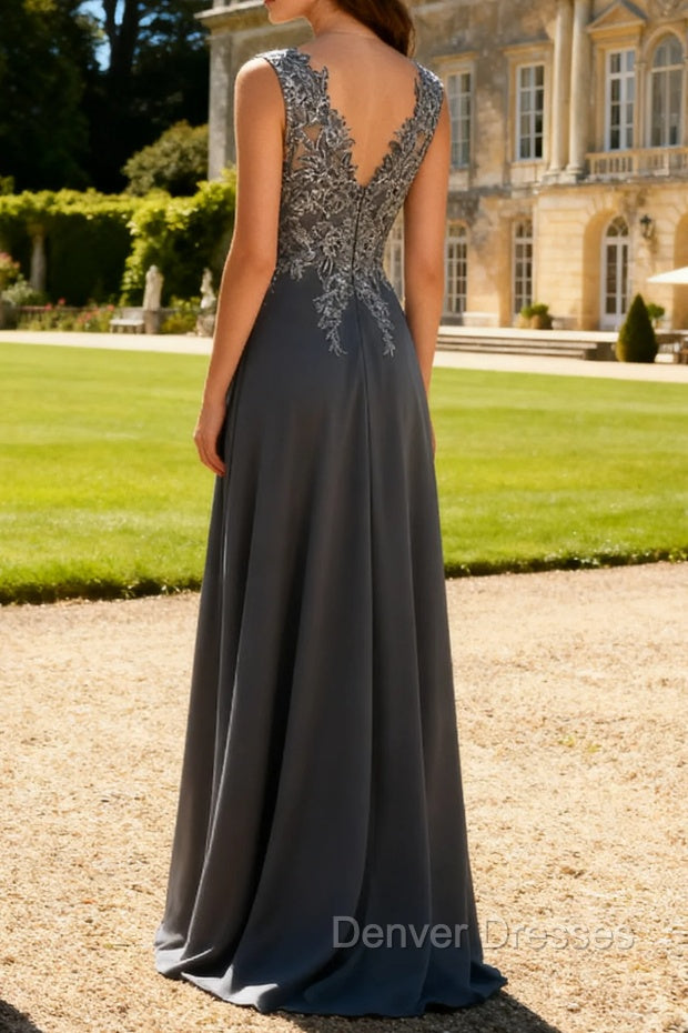 Charcoal A Line V-Neck Lace Long Mother of the Bride Dress with Appliques