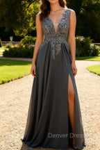 Charcoal A Line V-Neck Lace Long Mother of the Bride Dress with Appliques