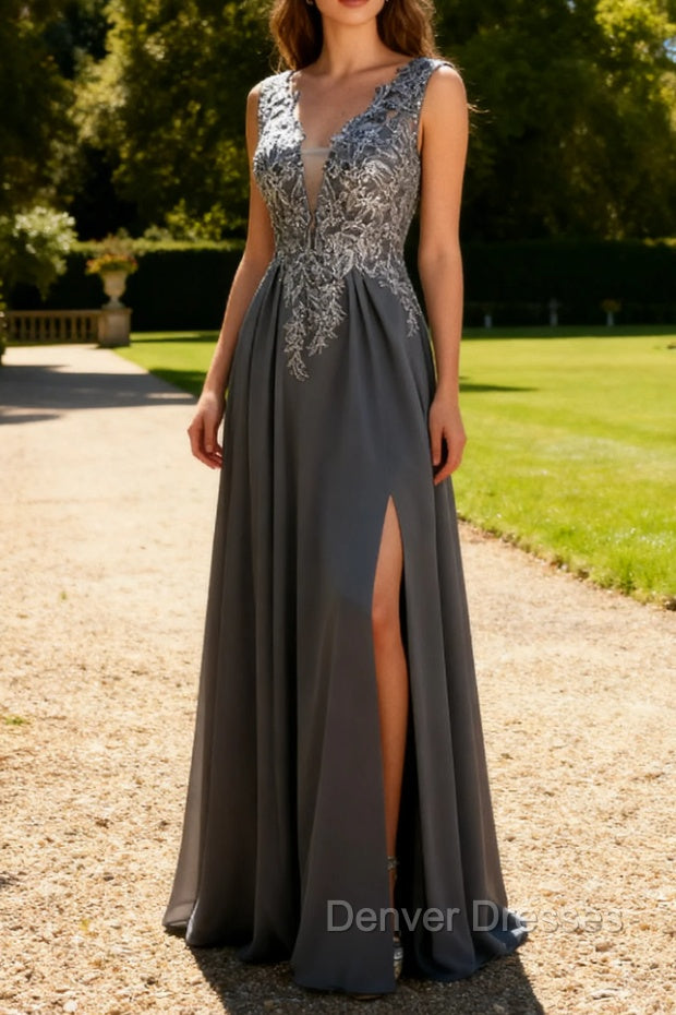 Charcoal A Line V-Neck Lace Long Mother of the Bride Dress with Appliques Main image