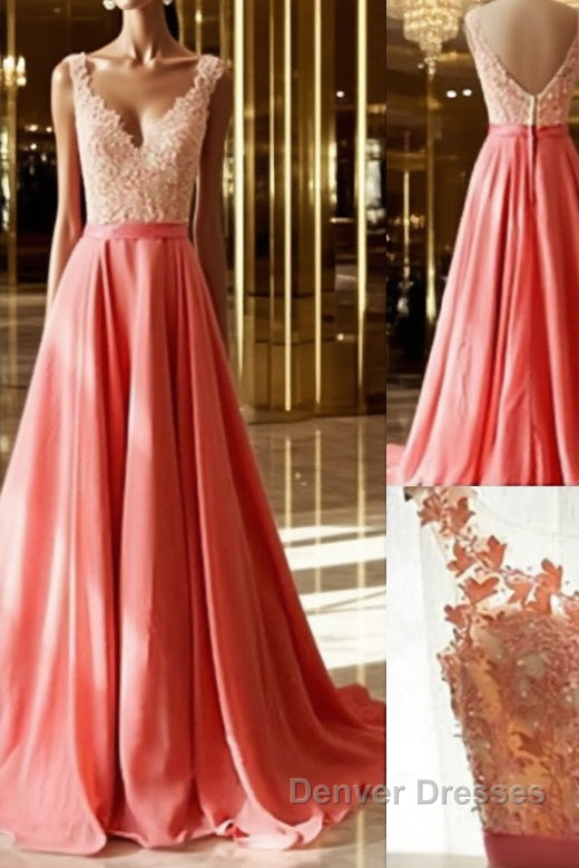 Charming A-Line Appliques V-Neck Lace Long Prom Dress, Long Formal Dress