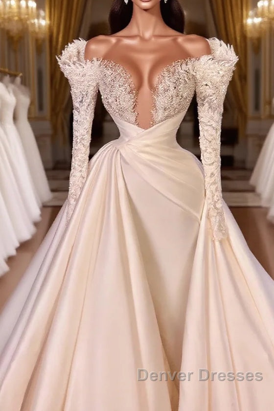 Charming A-Line Cathedral V-Neck Long Wedding Dress With Long Sleeves