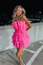 Line Hot Pink Short Homecoming Dress, Strapless Party Dress