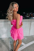 Line Hot Pink Short Homecoming Dress, Strapless Party Dress