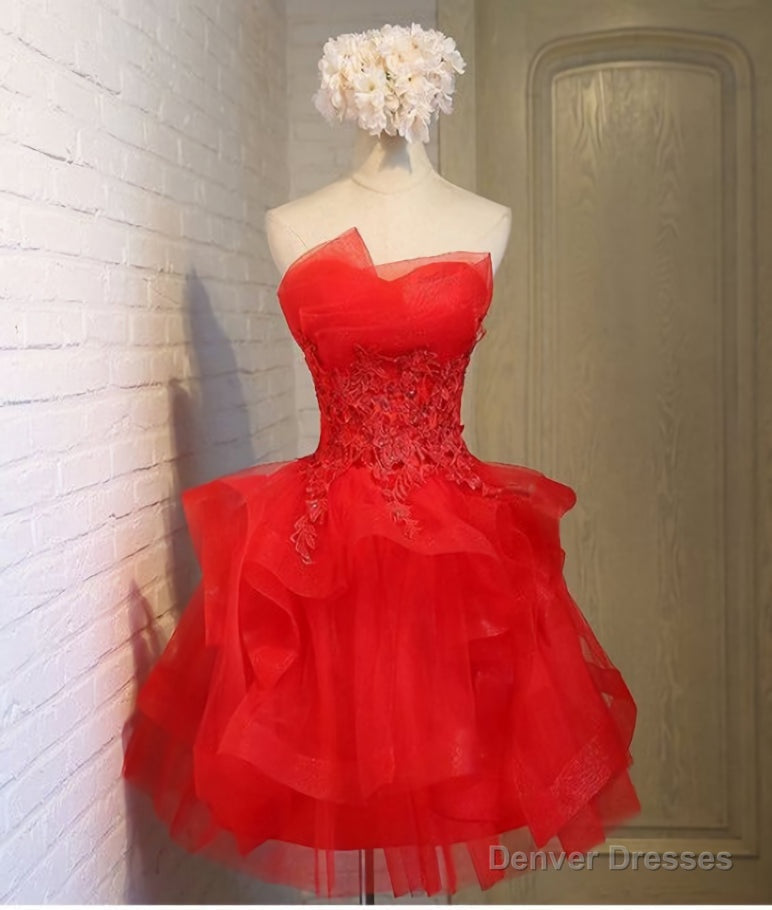 Charming A-line lace strapless short homecoming dresses Main image