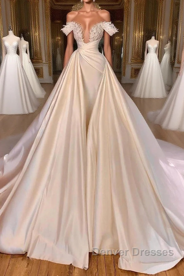 Charming A-Line Off-the-shoulder Cathedral V-Neck Long Wedding Dress Main image