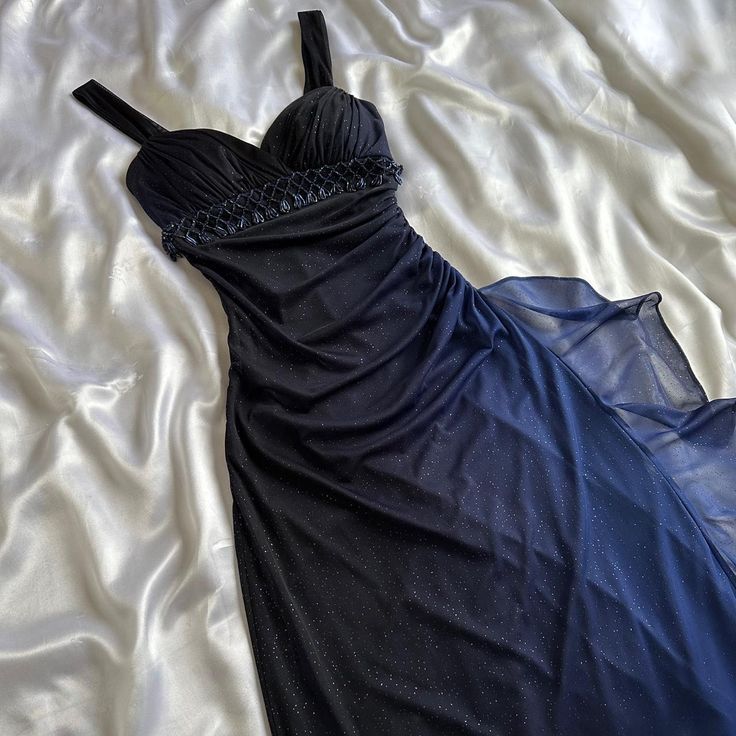 Charming A Line Spaghetti Strap Beaded Navy Blue Ombre Chiffon Party Dress Evening Dress