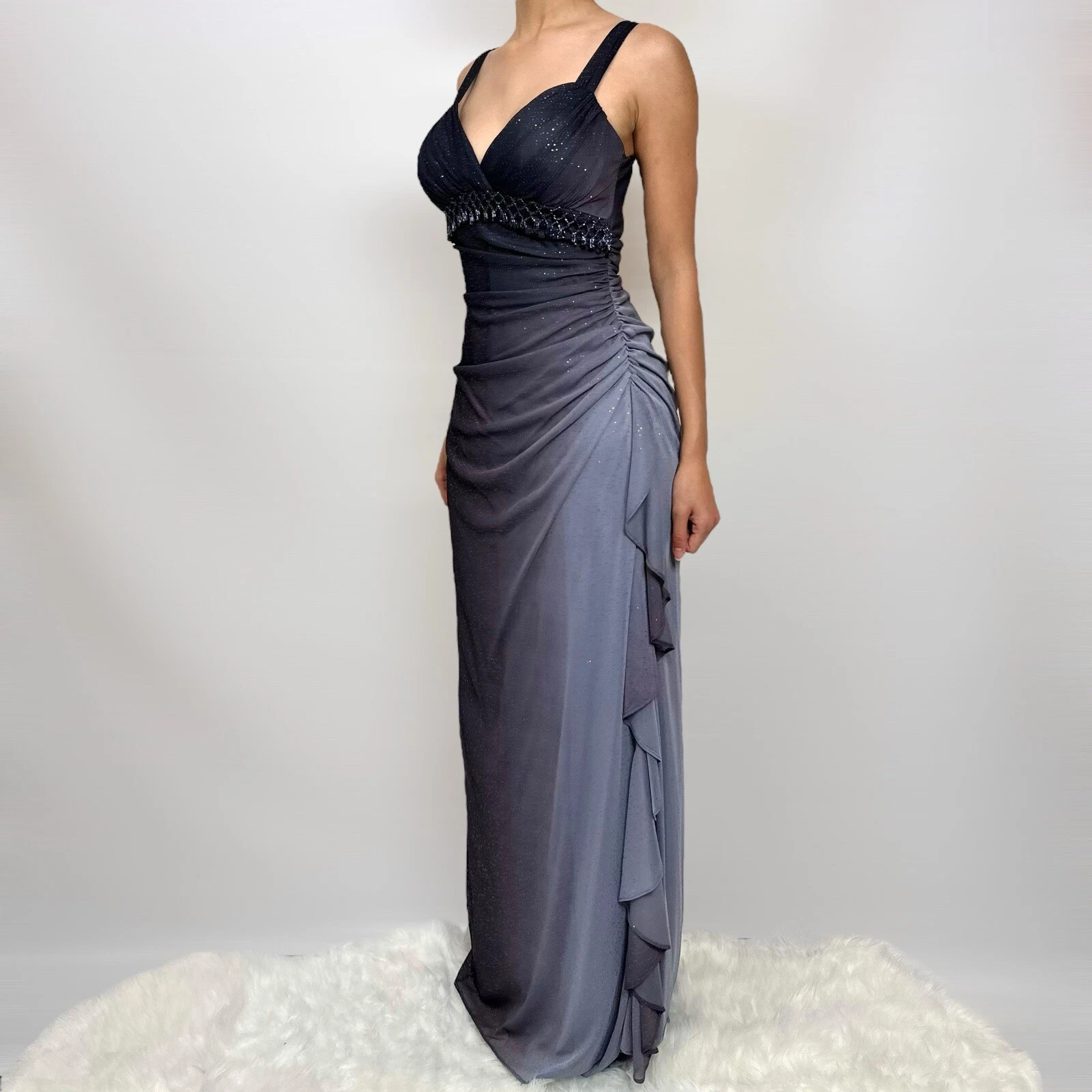Charming A Line Spaghetti Strap Beaded Navy Blue Ombre Chiffon Party Dress Evening Dress