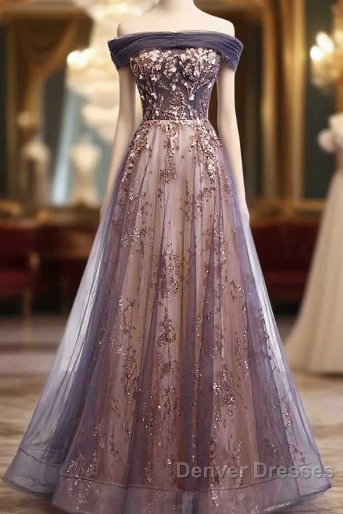 Charming A-Line Tulle Long Off Shoulder Party Dress, Prom Dress Main image