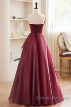 Charming And Elegant Wine Red Sleeveless Off Shoulder Ball Dress, Wine Red A-Shaped Princess Strapless Butterfly Tie With Backless Strap And Ground Length Prom Dress