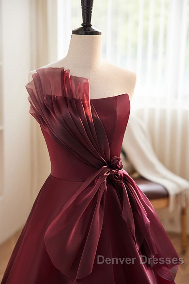 Charming And Elegant Wine Red Sleeveless Off Shoulder Ball Dress, Wine Red A-Shaped Princess Strapless Butterfly Tie With Backless Strap And Ground Length Prom Dress