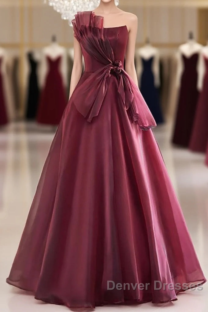 Charming And Elegant Wine Red Sleeveless Off Shoulder Ball Dress, Wine Red A-Shaped Princess Strapless Butterfly Tie With Backless Strap And Ground Length Prom Dress Main image