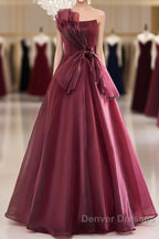 Charming And Elegant Wine Red Sleeveless Off Shoulder Ball Dress, Wine Red A-Shaped Princess Strapless Butterfly Tie With Backless Strap And Ground Length Prom Dress
