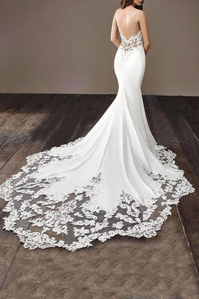 Charming Appliques Lace Mermaid Wedding Dress With Straps, Sexy Sleeveless Prom Gown