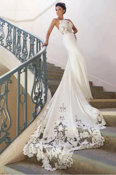 Charming Appliques Lace Mermaid Wedding Dress With Straps, Sexy Sleeveless Prom Gown