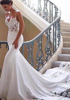 Charming Appliques Lace Mermaid Wedding Dress With Straps, Sexy Sleeveless Prom Gown